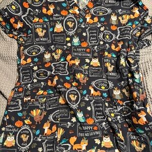 Colorful Thanksgiving Themed Scrub Top